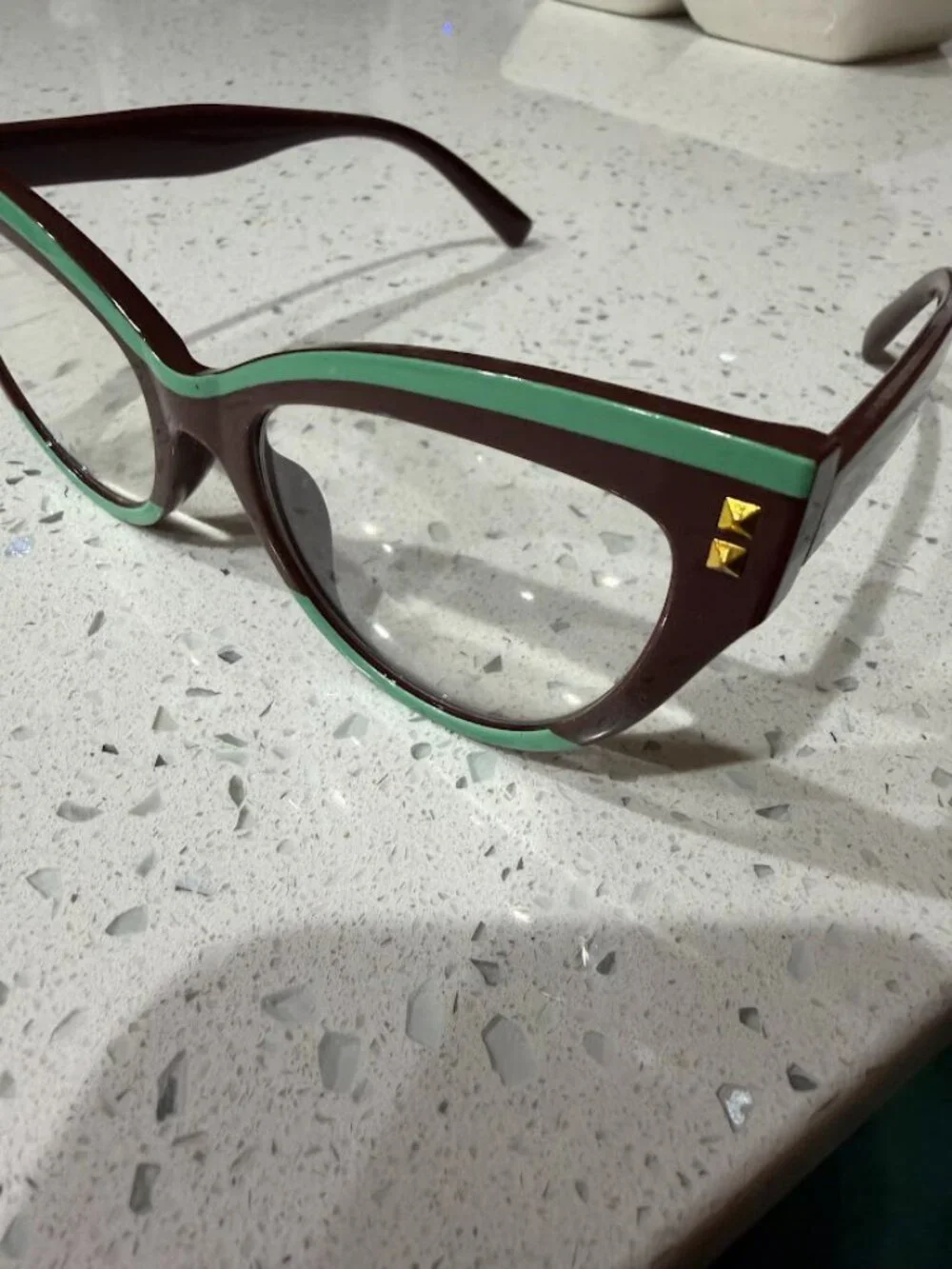 Brown & Green Cat Eye Glasses with Gold Stud Accents +1.5